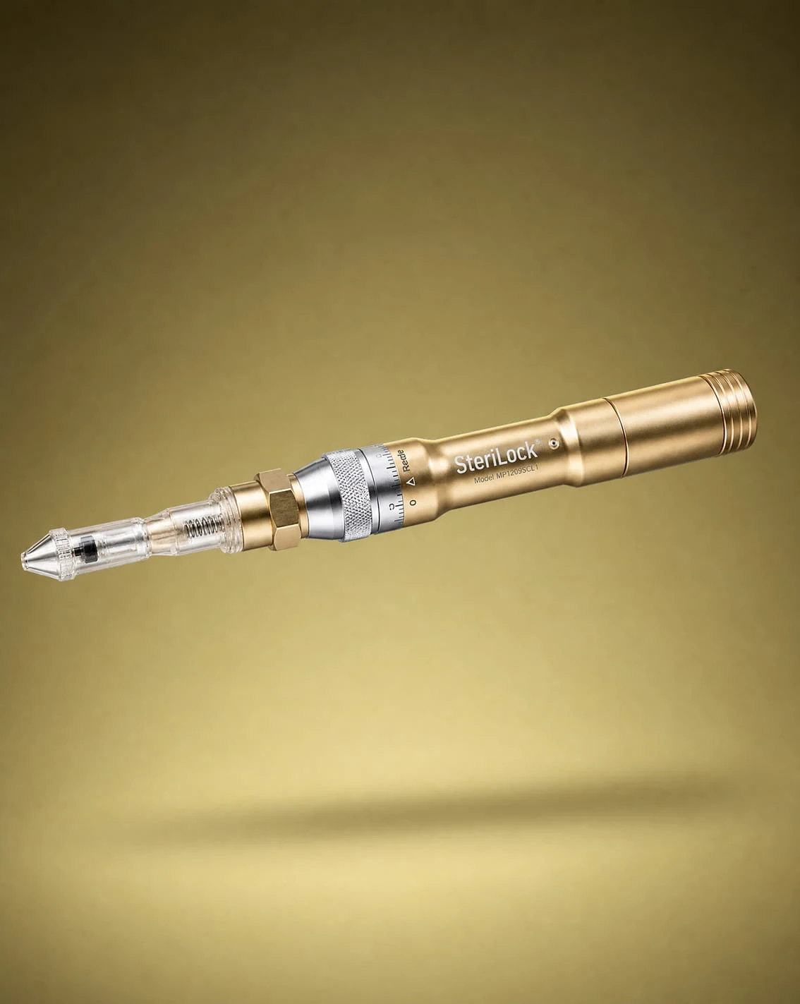 A microneedling handpiece held over a client’s skin.