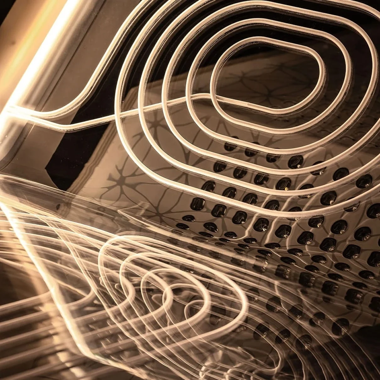 A detail of the Ammortal Chamber’s PEMF coil array, lit warm.