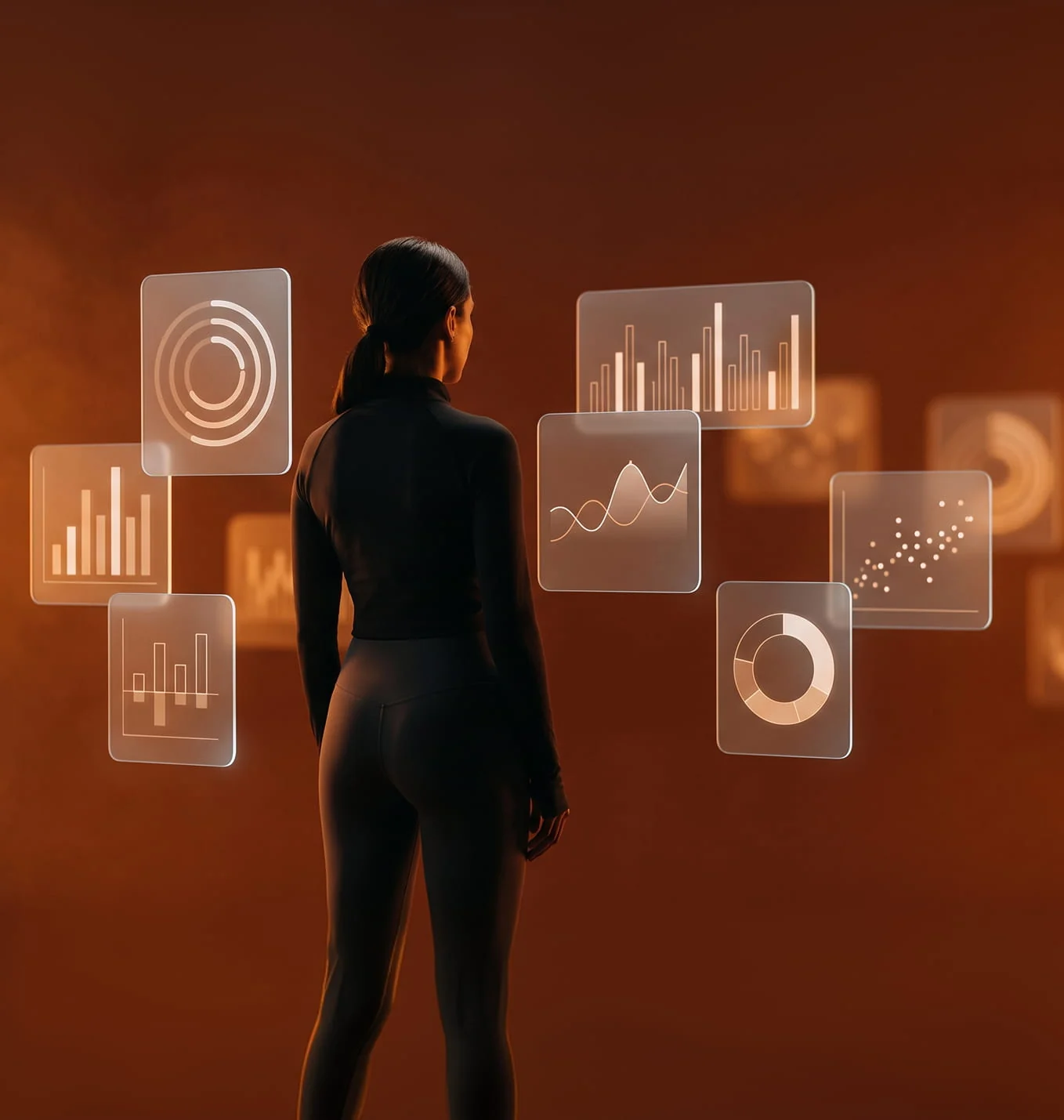 A woman seen from behind, facing a wall of softly glowing charts in warm light.