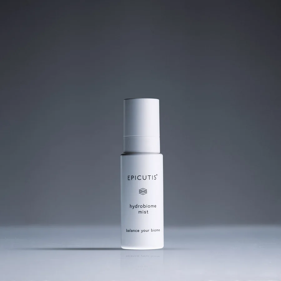 The Epicutis Hydrobiome Mist bottle, photographed on a charcoal ground.