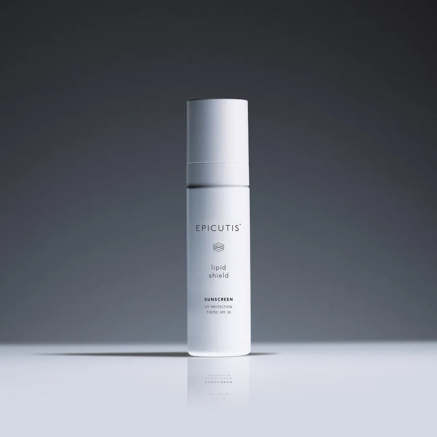 The Epicutis Lipid Shield SPF 30 bottle, photographed on a charcoal ground.