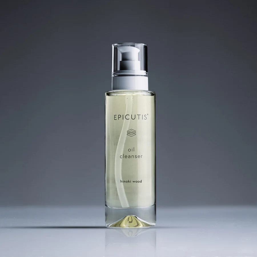 The Epicutis Oil Cleanser bottle, photographed on a charcoal ground.