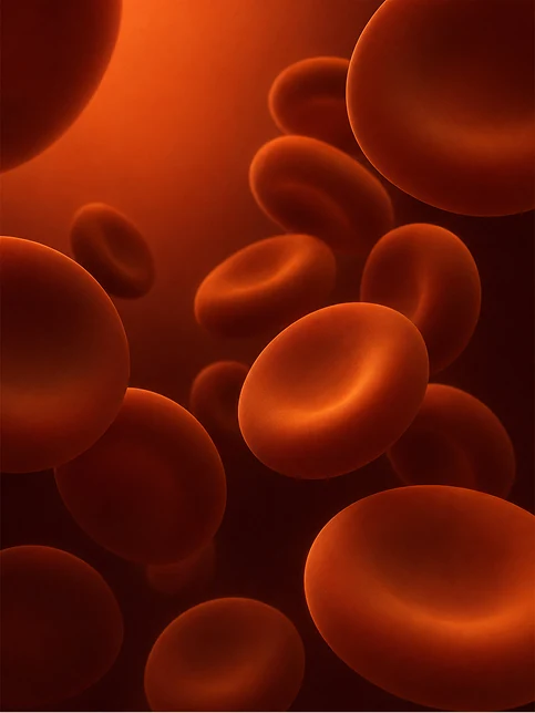 Red blood cells drifting against a dark ground, lit warm.