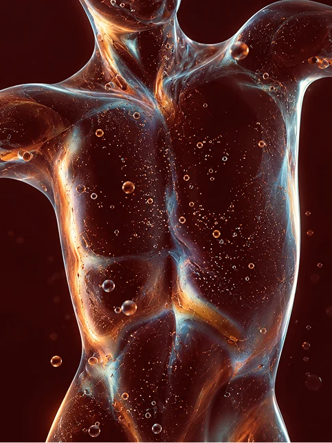 An abstract translucent torso, lit blue and amber.