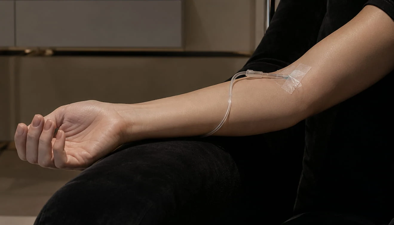 A forearm resting, with an IV line taped in place.