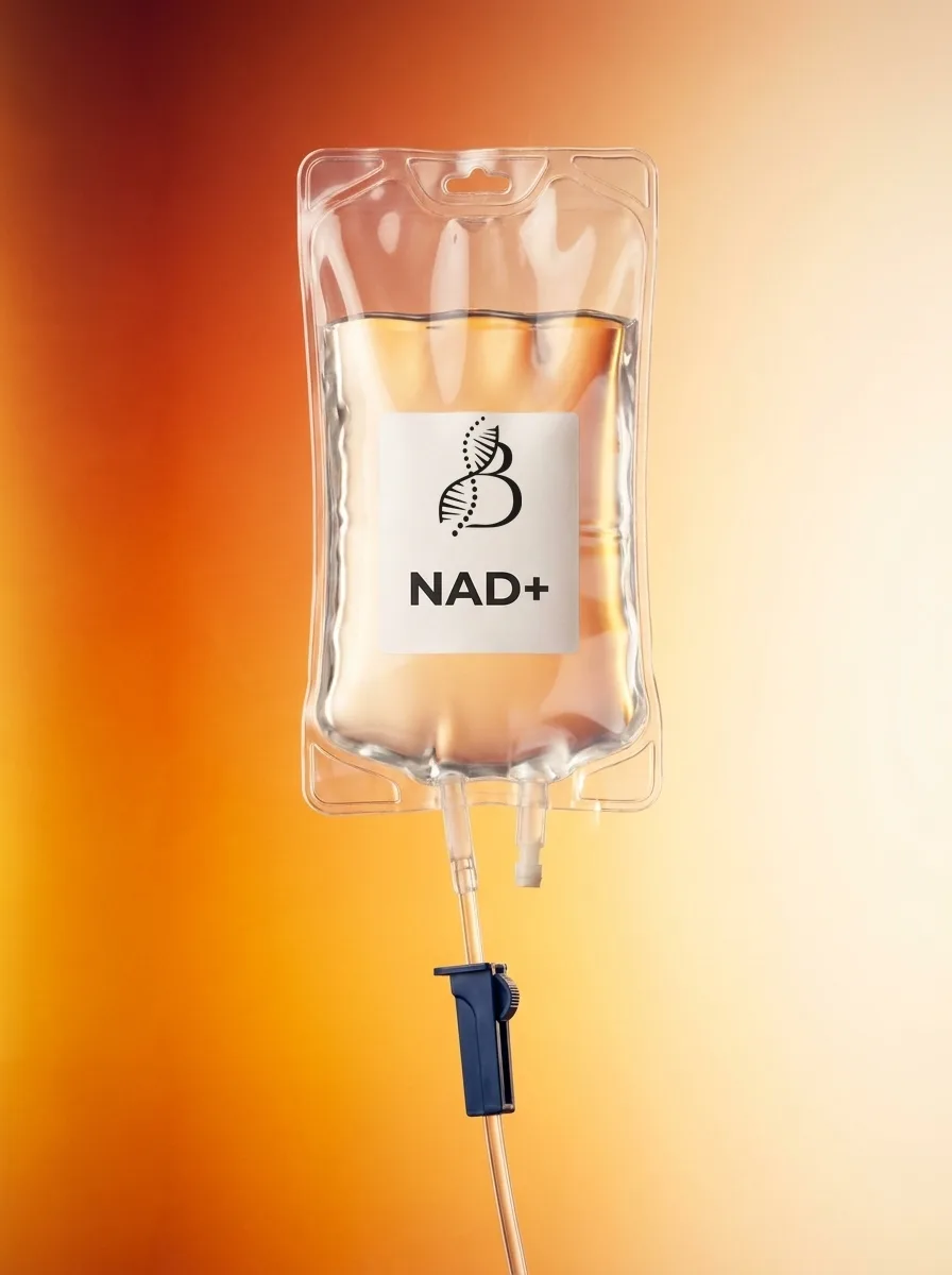 An IV bag branded with the Beyond Wellness mark and labeled NAD+, against a warm amber gradient.