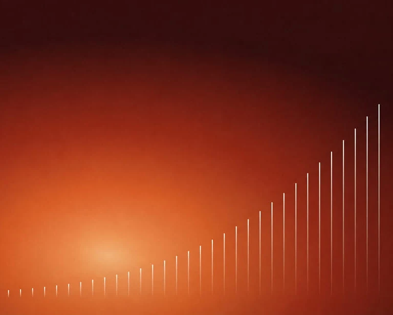 An abstract chart of rising bars against a warm orange ground.