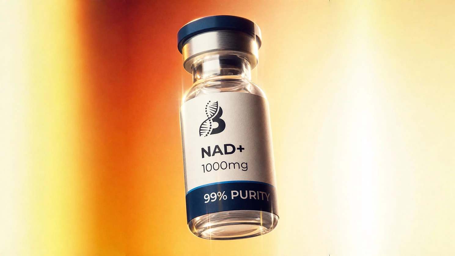 A branded NAD+ vial, lit against a warm amber ground.