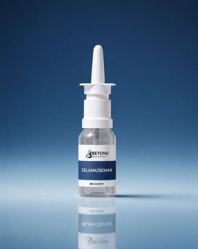 A Beyond Wellness Selank and Semax nasal spray bottle at 99% purity.