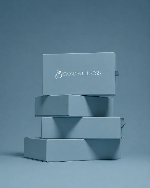 A stack of Beyond Wellness branded shipping boxes.
