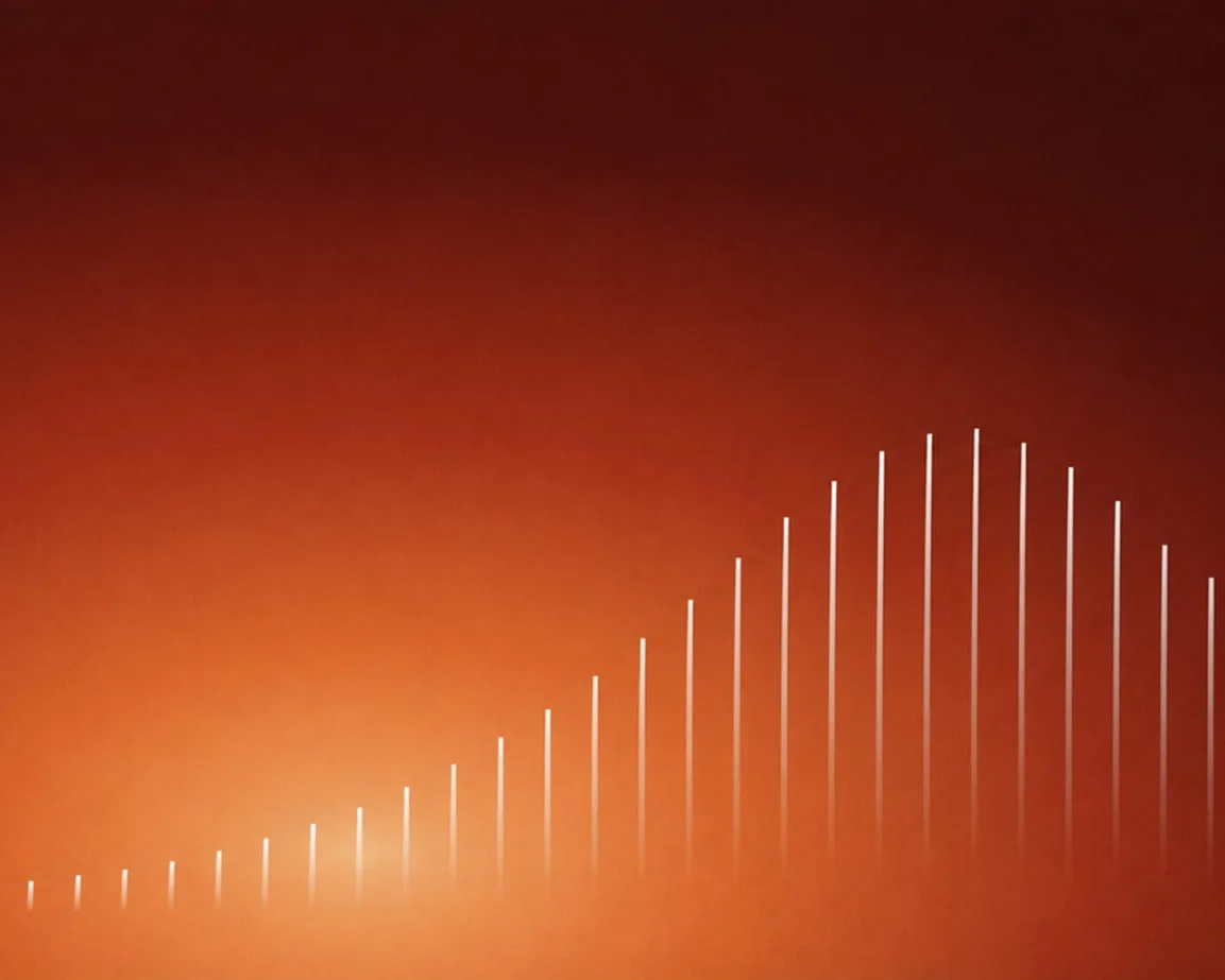 An abstract chart of bars rising to a peak and settling, against a warm orange ground.
