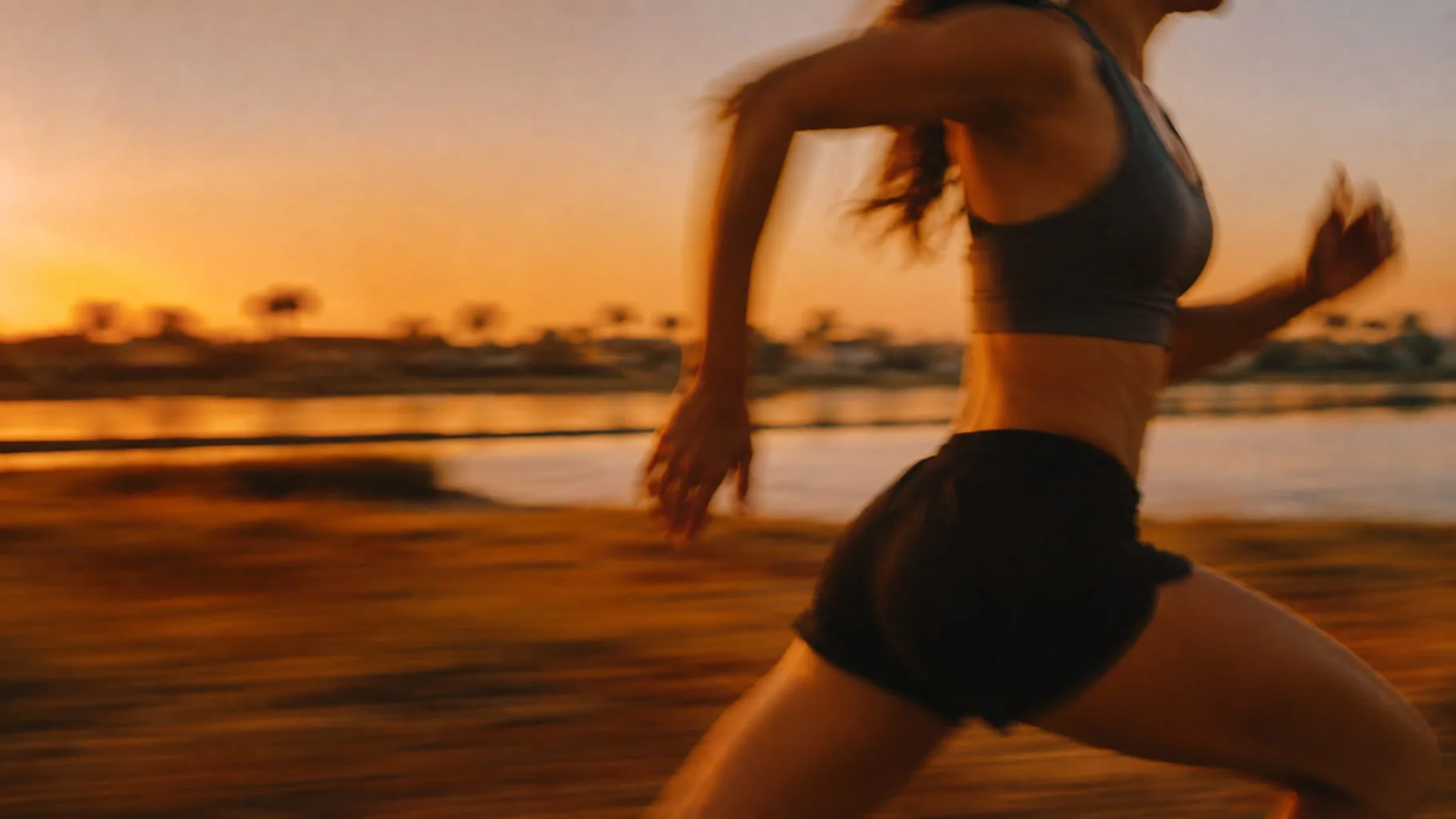 A woman running at speed along a waterfront at sunset, caught with motion blur.