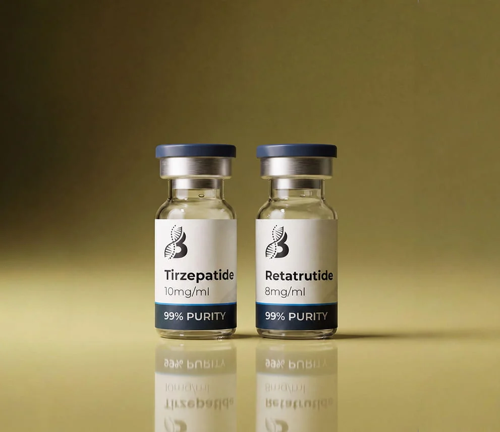Beyond Wellness Tirzepatide and Retatrutide vials, side by side.